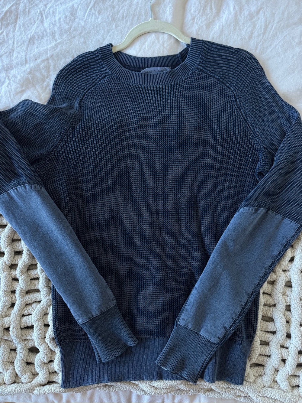 rag & bone Navy Crewneck Sweater with Denim Elbow Panels